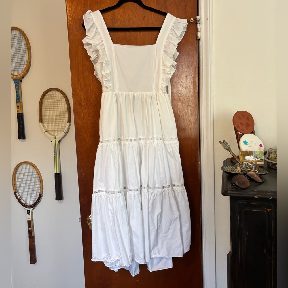 MABLE White Ruffle Midi Dress